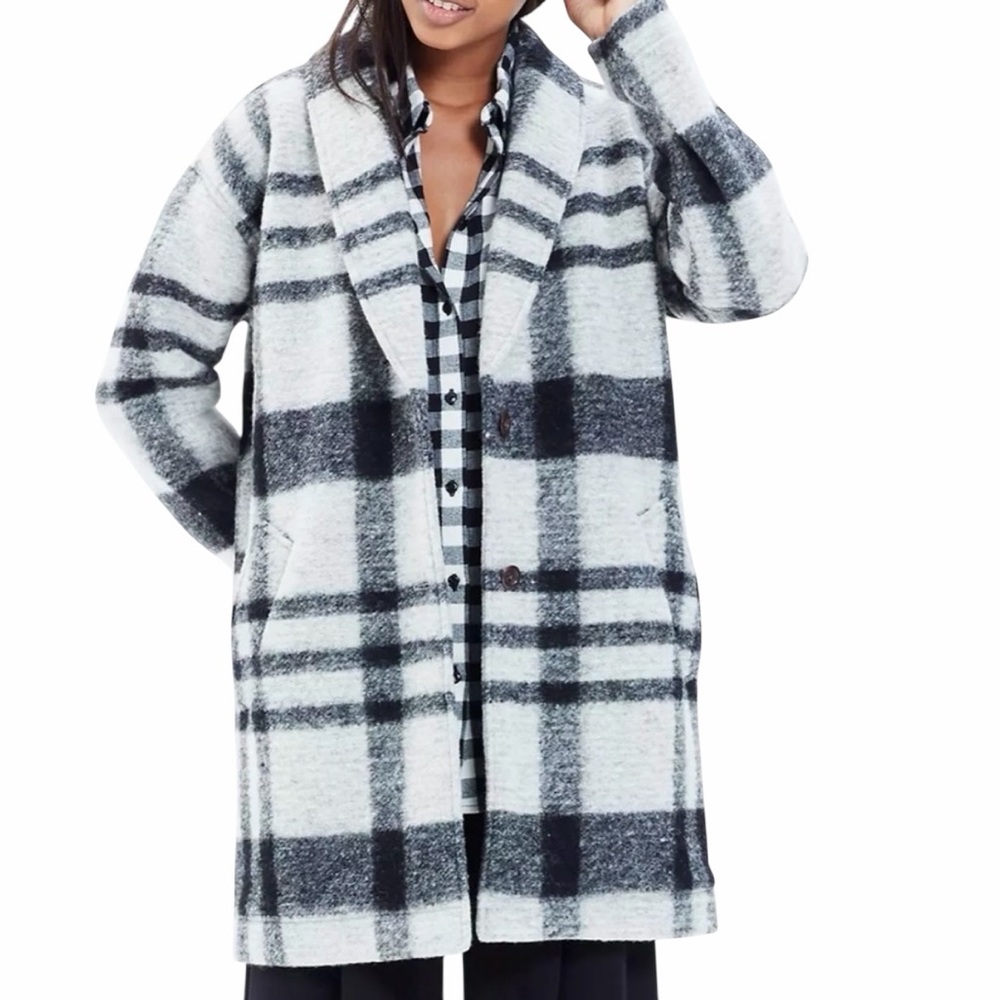 Madewell Black Plaid Florence Felted Wool Blend Sherpa Lined Coat size XS